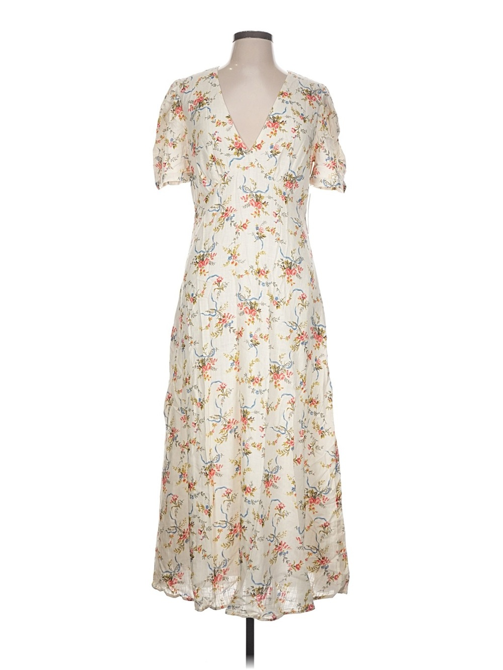 NWT Sorella Size 10 Floral Cream V-Neck Midi Dress with Short Sleeves